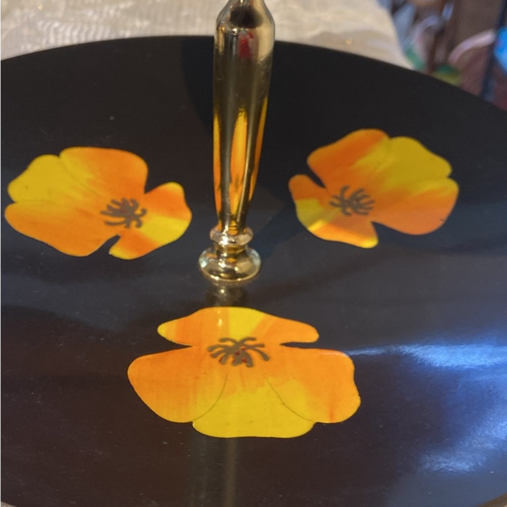 Black and Gold Two-Tiered Jewelry / Serving Tray with poppy Design
